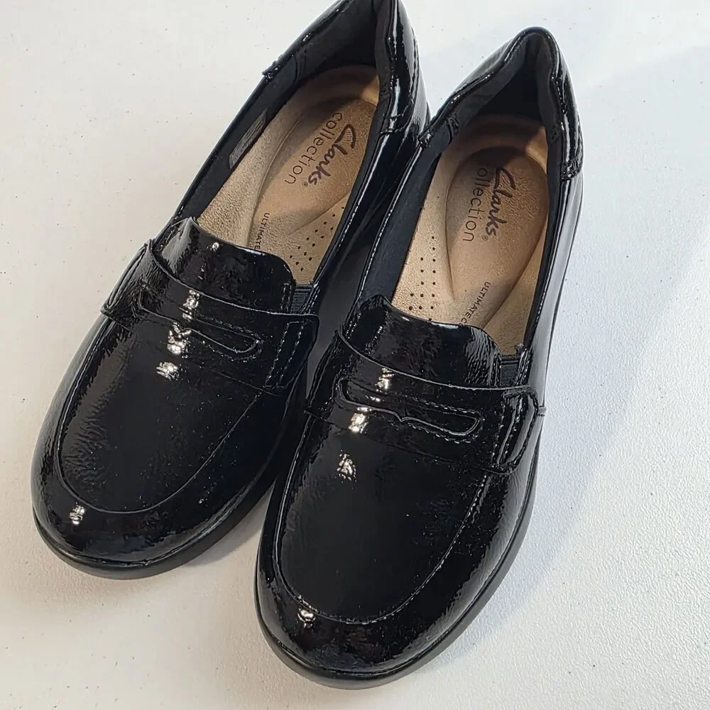 Clarks Originals Womens Ellowyn Penny Black Crinkle Pat Loafers Sz 6.5 M NEW NIB